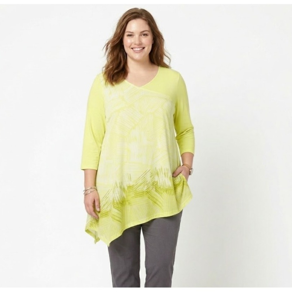 H by Halston Yellow V Neck Asymmetric Hem‎ Layered Tunic Large